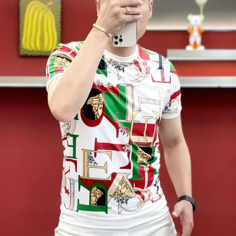 2026 Summer New Fashion Men's Round Neck Trendy Slim Fit Printed Versatile Niche Casual Short Sleeve