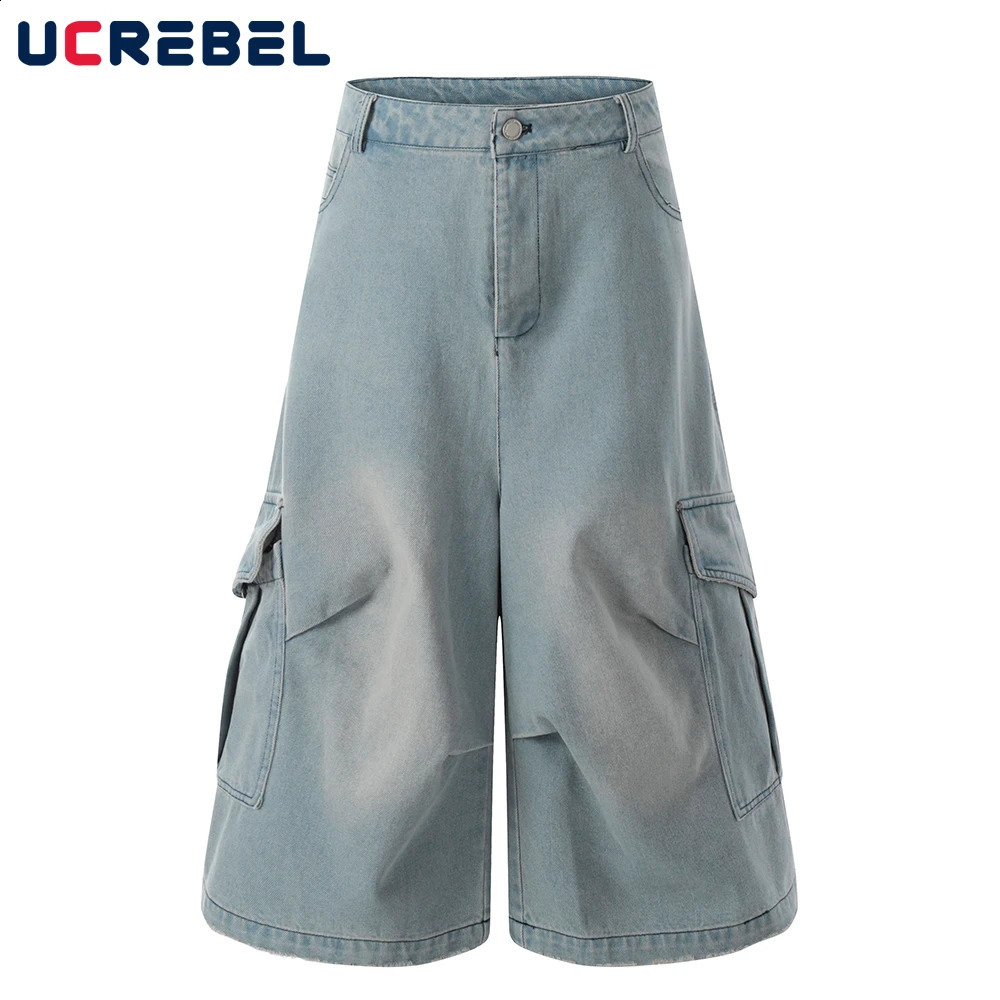 Pocket Pleated Denim Shorts Mens Washed Distressed Summer Retro High Street Loose Wide Leg Short Pants Men 260625