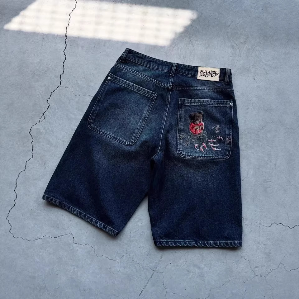 Derschutze Retro Street Hip-Hop Cartoon Pattern Pocket Embroidered Denim Shorts Versatile Embroidered Jeans Straight Leg Pants denim shorts - view 3