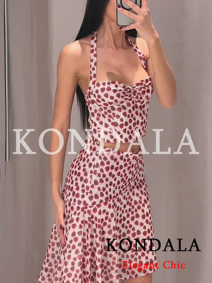 KONDALA Women Holiday Beach Print Trendy Skirt Set Backless Halter Top Midi Fashion 2026 Spring Summer Date 260626 - view 4