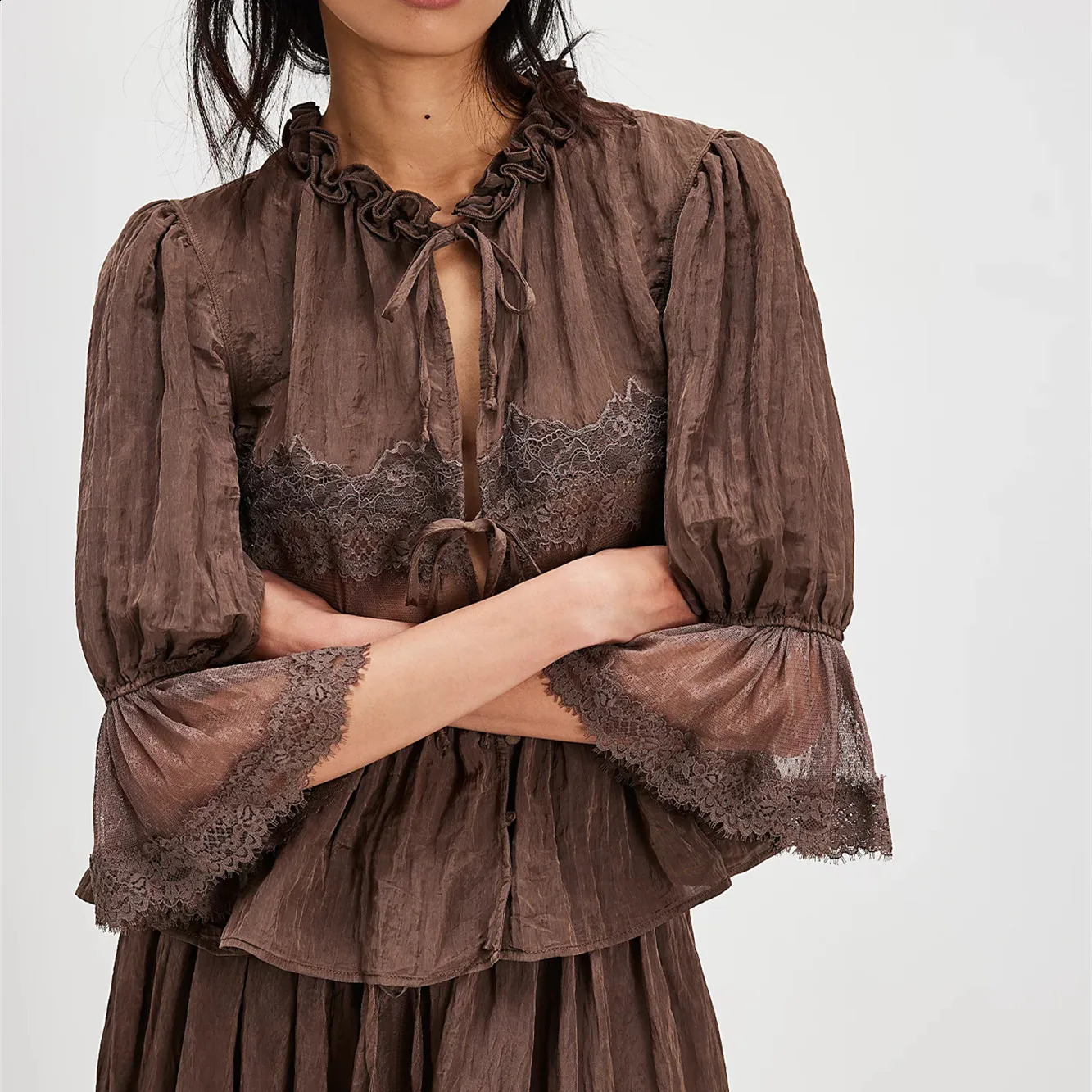 Womens Half Sleeve Loose Shirt Sheer Lace Patchwork Tie-up Bow Peplum Tops for Summer Embroidered Eyelet Peasant Blouses 260626 - view 6