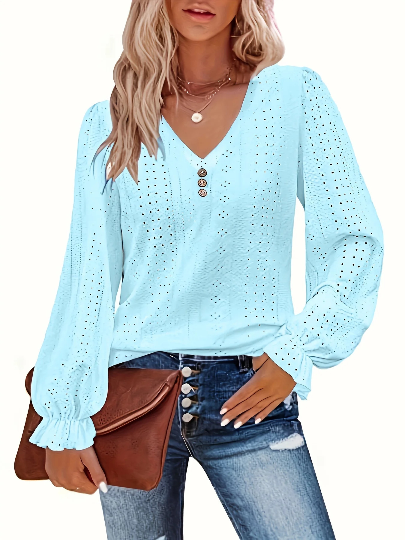 Plus Size Eyelet Button Decor T-Shirt Casual V Neck Long Sleeve Top For Spring Fall Womens Plus Size Clothing 260626 - view 3