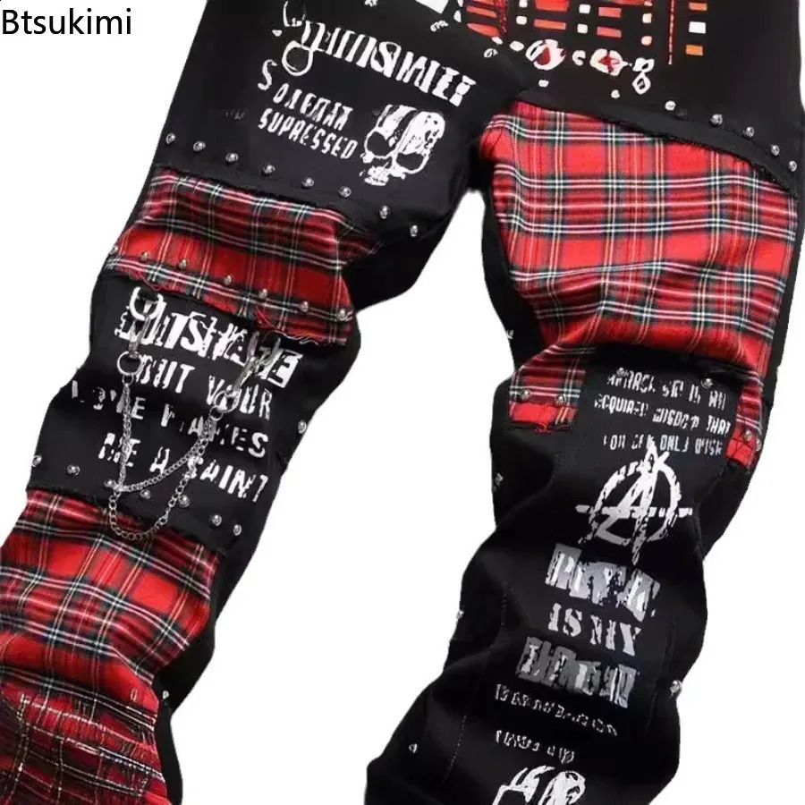 2026 Mens Y2K Gothic Ripped Skinny Jeans Punk Rivet Patch Black Denim Pants Skull Letters Printed Slim Straight Trousers Male 260625 - view 6
