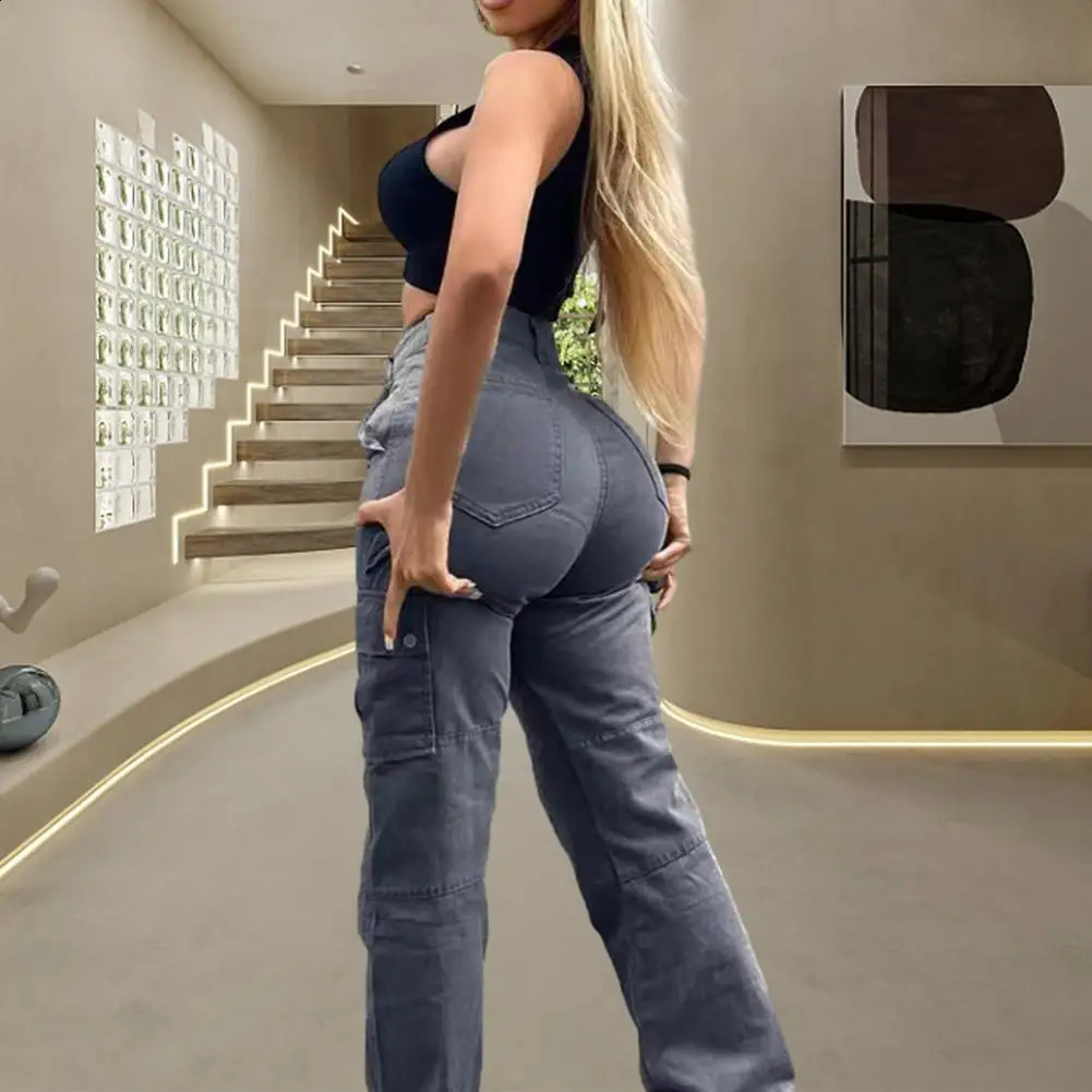 Zipper Button Placket Pants Stylish Womens High Waist Cargo with Multiple Pockets Soft Fabric Buttlifting for Ladies 260625 - view 3