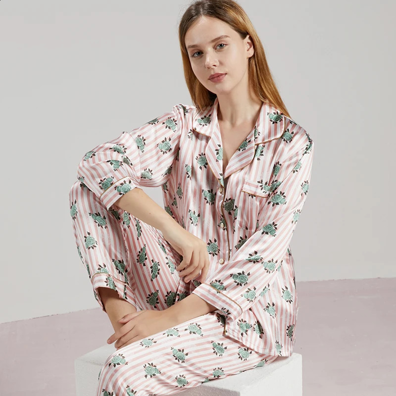 19MM 100 Mulberry Silk Pajama Sleepwear Lady Longsleeved TrousersTwopiece Spring Summer Loose Sexy Home Clothes 260625 - view 5
