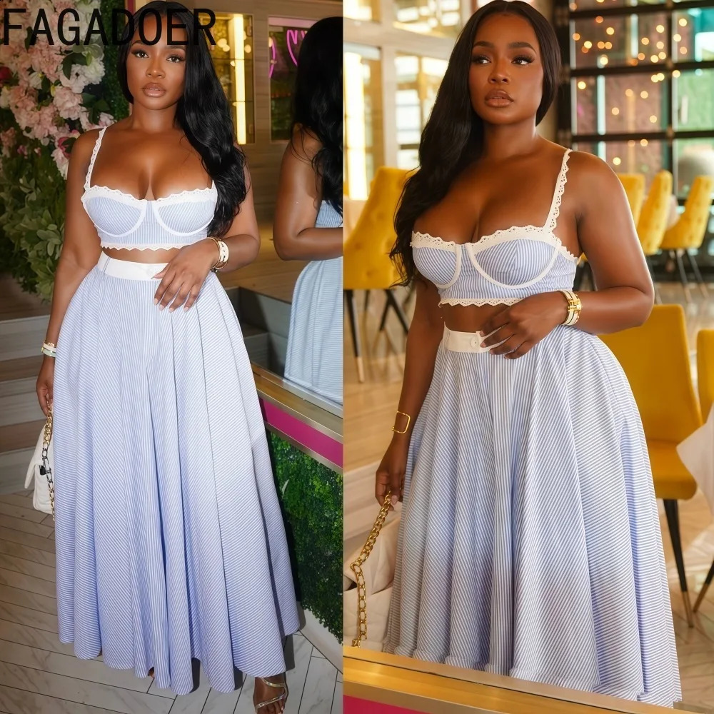 FAGADOER Elegant Lace Patchwork 2 Pieces Set for Woman Spaghetti Strap Stripes Camisole and Skirt Female Streetwear Vestidos 260625