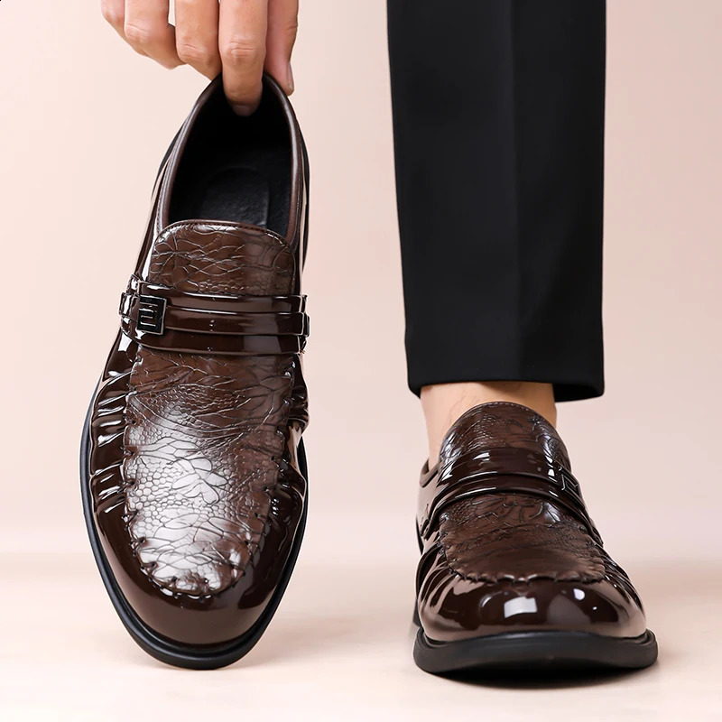 Mens Brown Pattern Dress Shoes Patent Leather Slipon Loafers Formal Business Wedding Oxfords for Men 260624 - view 6