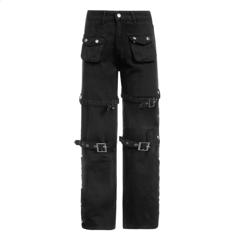 trend Women Black Cargo Jeans with Multi Pockets Metal Buckle Belt Straight Trousers 260625 - view 4