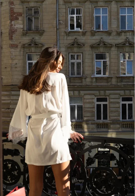 Bridal White Satin Robe Bride Robe with Lace Sleeves White Boudoir Robe Kimono Silk Robe with Lace Sleeves Bridesmaid Robe260622 - view 7