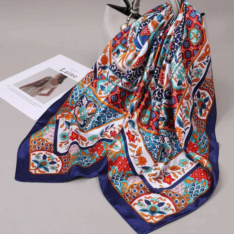 90x90cm Square Shawls Satin Neck Scarf For Women Fashion Print Floral Head Hijab Scarves Female Silk Feel Neckerchief Headband 26Y06226 - view 6