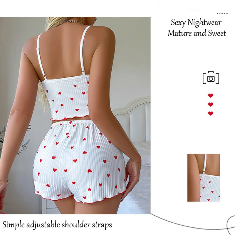 Sexy Sleepwear Women Pajamas Set Heart Print Silk Stain VNeck Sleeveless Casual Cami Top and Shorts Sets Home Suit Loungewear 260625 - view 6