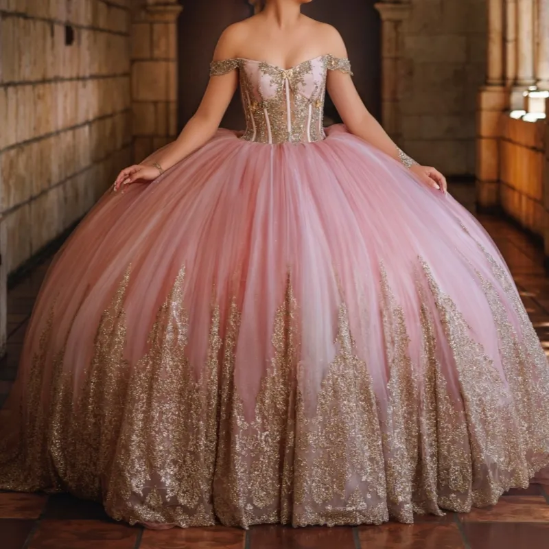 Mauve off-shoulder gown with heavy fishbone beaded lace hem and gradient full skirt Quinceanera semi-luxury dress - view 1