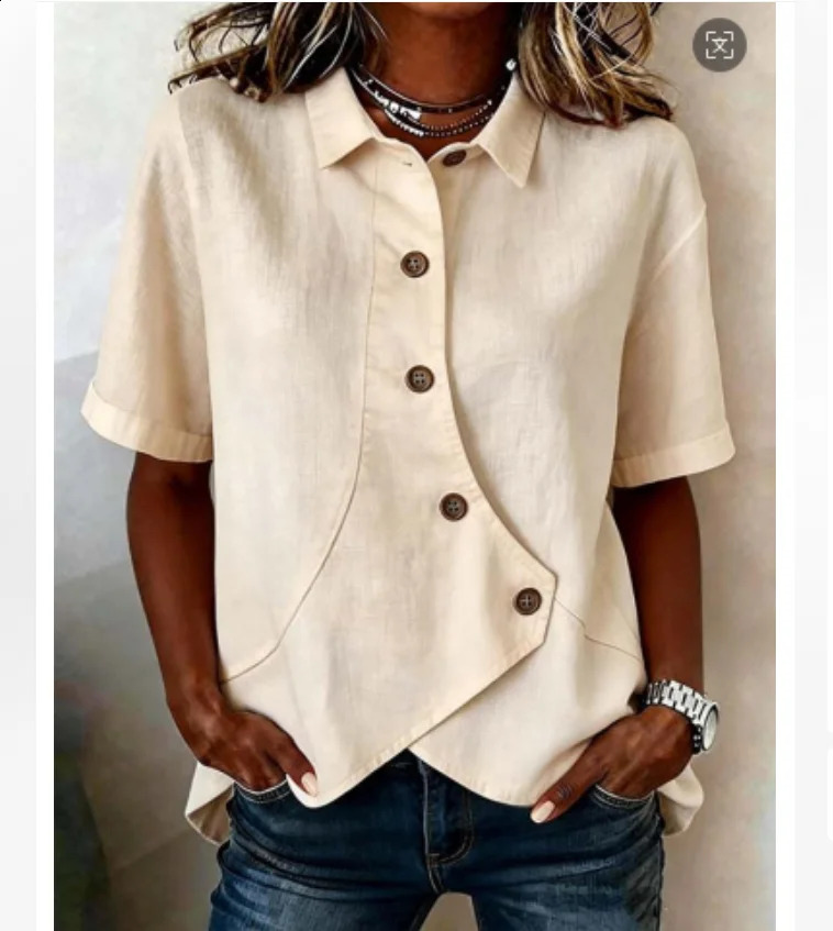 Summer Womens Casual Solid Irregular Shirt Fashion Elegant Top Button Short Sleeve Holiday Party Tops And Blouses 260626 - view 4