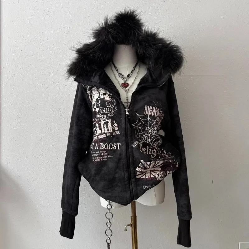 Y2K Harajuku Hip-hop Plus Velvet Padded Oversized Pattern Printed Hooded Sweater Women Gothic Vintage Casual Joker Coat 260626 - view 3
