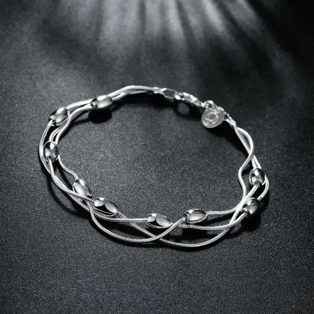 Charm 925 Sterling Silver Bracelets necklace Jewelry set for women Fringed oval beads Chain 18 inch Fashion Party Christmas Gift 260626 - view 3