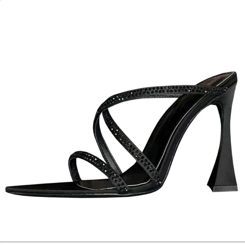 Summer Pointy Toe Thin High Heels Slippers Women Narrow Band Rhinestone Mules Slippers Sexy Crystal Party Shoes Woman 260626 - view 6