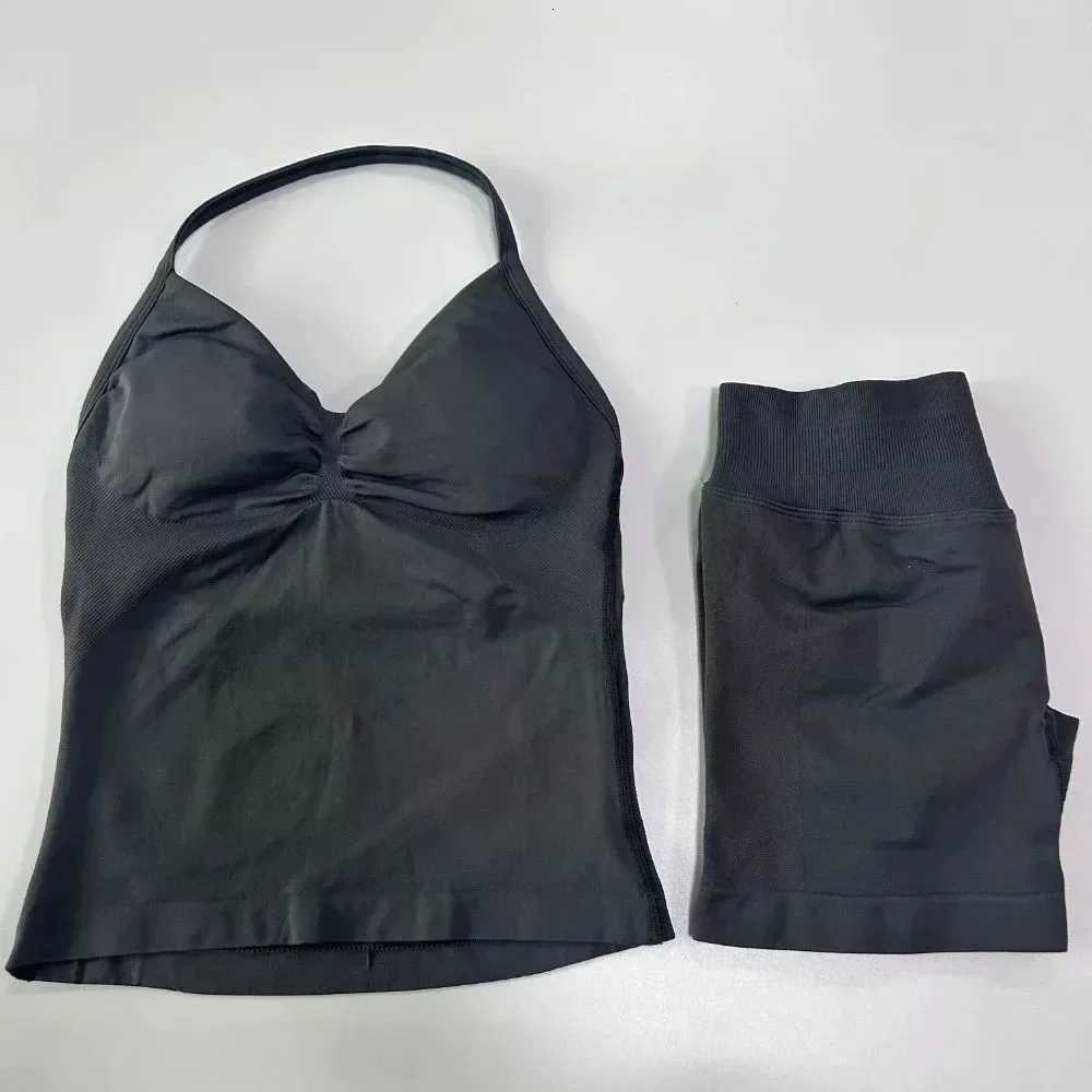 Set Yoga 2 Pieces Gym Women Backless Halter Tops High Waist Seamless Shorts Gym Suit Fitness Sports Bras Sportswear Workout Sets M260626 - view 6
