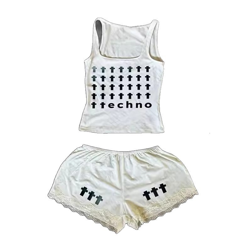 Womens Matching Outfit Set Womens Letter Print Slim Fit Vest Short Bottom Two Piece Set For Women Daily Street Club Summer Vacation Casual Outfits - view 8