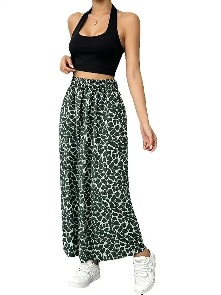 Womens clothing set solid color hanging neck backless vest topelastic waist geometric printed half skirt long 260626 - view 7