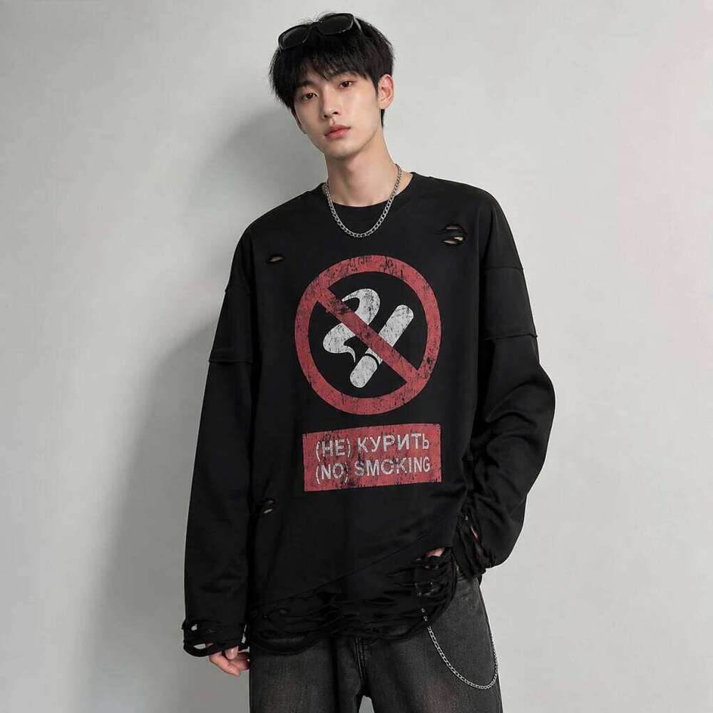 Y2K Cigarette Pattern Print Streetwear Harajuku Hip Hop Ripped Long Sleeve Top Gothic Fashion Crew Neck Sweatshirt Men Women W260626 - view 4