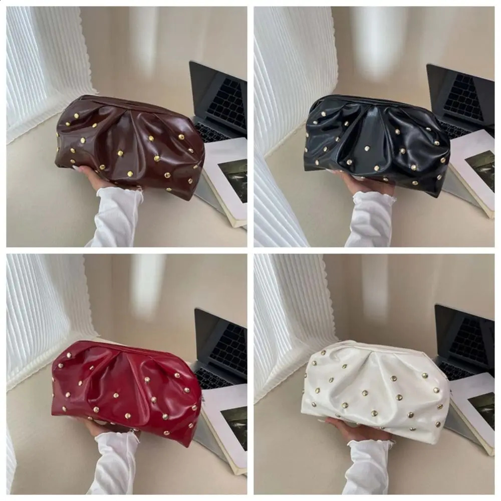 Versatile PU Rivet Clutch Bag Retro Magnetic Button Pleated Leather Handbag Polyester Antisplash Water Female Phone Organizer 260612 - view 6