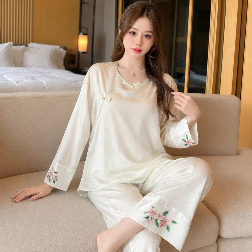 Womens Chinese Style Ice Silk Pajama Set Spring Autumn Satin Loungewear with Builtin Chest Pads Elegant Home Sleepwear 260625 - view 4