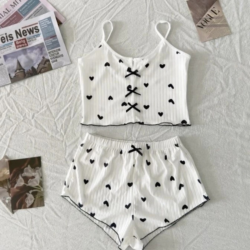 Summer Heart Print Sexy Ribbed Bow Decor Pajama Set for Womens Sleepwear Comfortable Crop Cami Top Shorts Loungerwear 260626 - view 3