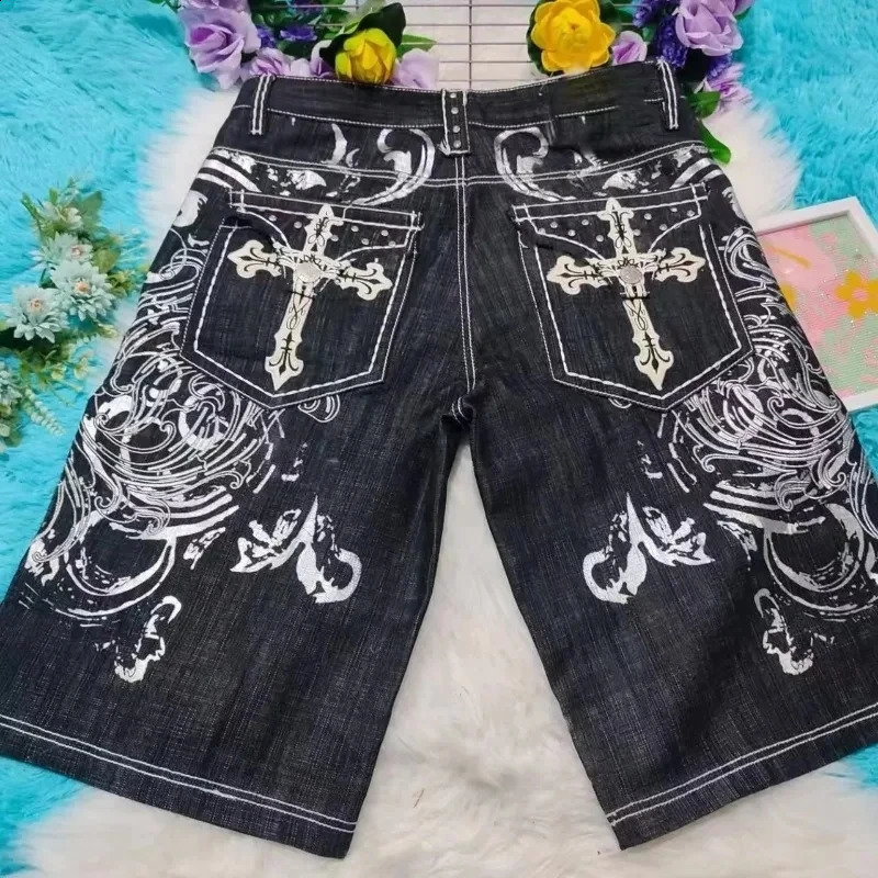 American vintage Gothic Men Denim Shorts Pattern Embroidery Loose Unisex Y2K Printing Korean Casual Fashion Couple 260625 - view 4