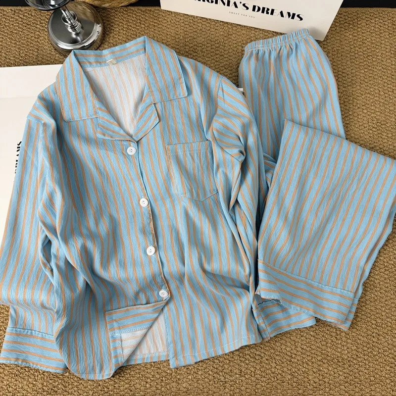 KoreanStyle Simple Striped Pajamas for Women Spring and Summer Loose Lazy LongSleeve Long Pants Homewear Set 260625 - view 5
