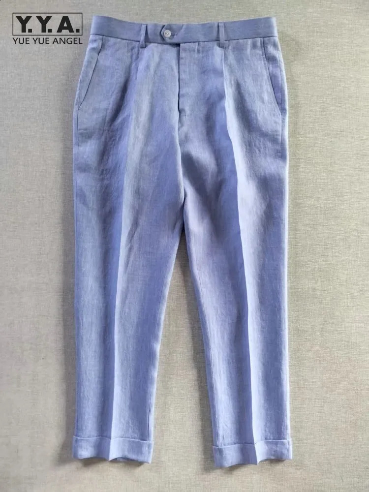 Summer Mens Light Blue Daily Casual Ankle length Trousers Straight Leg Pant Fashion Linen Pants Mid Waist Button Slim Fit 260625