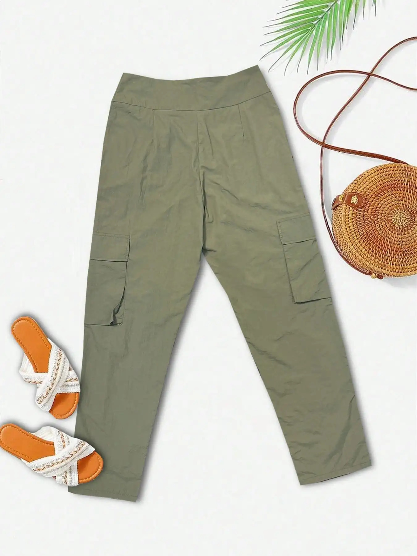 Womens olive green cargo jogging pants highwaisted with double buttons 260625 - view 3