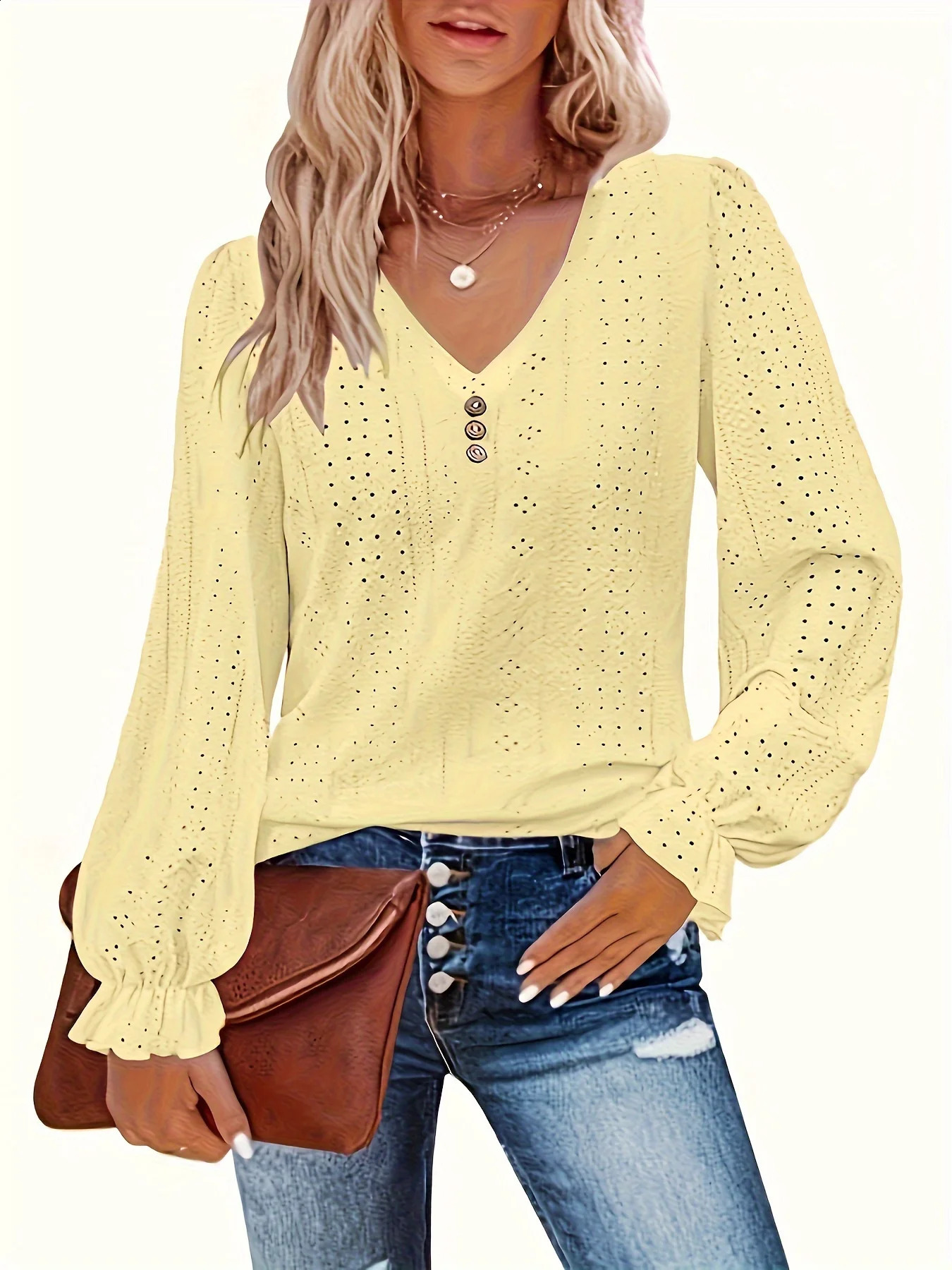 Plus Size Eyelet Button Decor T-Shirt Casual V Neck Long Sleeve Top For Spring Fall Womens Plus Size Clothing 260626 - view 7