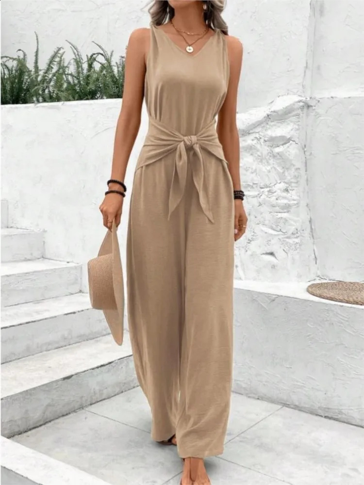 Fashion Solid Jumpsuit For Women Casual Sleeveless V Neck Lace-Up Wide Leg Pants Jumpsuits Lady Summer Holiday Womens Clothing 260626 - view 4
