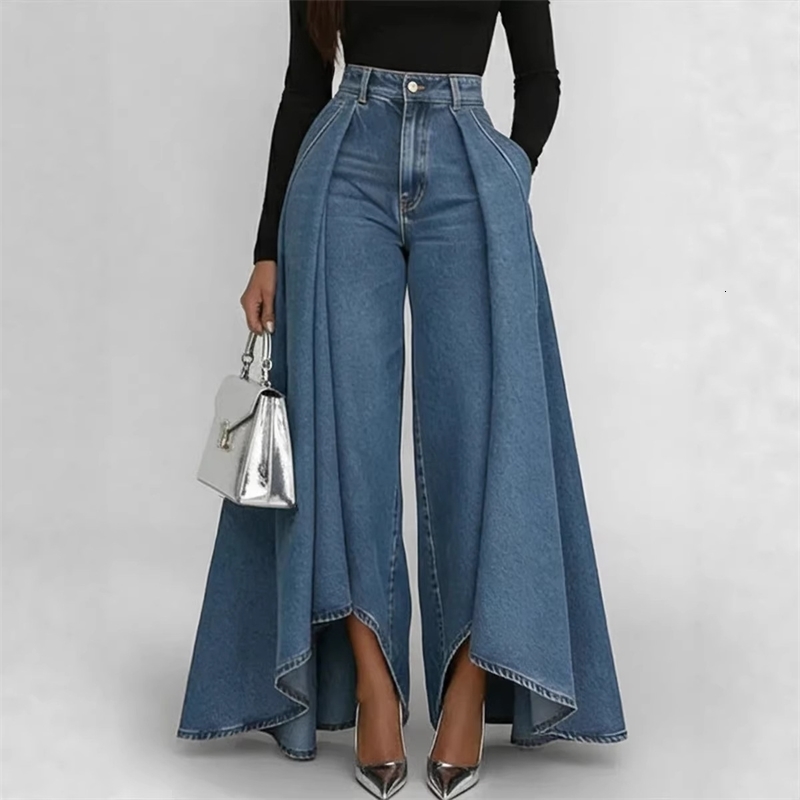 Womens High Waisted Wide Leg Jeans Overlay Flare Denim Pants With Pockets For Female Street Elegant Fashionable Long y260611