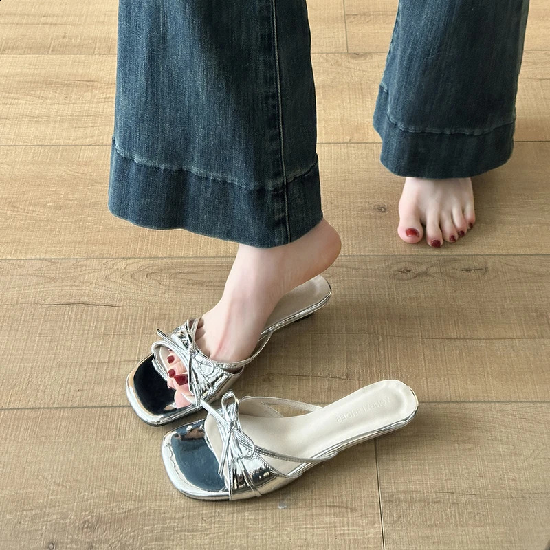 Summer Low Heel Flower Women Slippers Concise Open Toe Slip On Shoes Ladies Elegant Butterfly-knot Beach Vacation Dress Slides 260626 - view 5