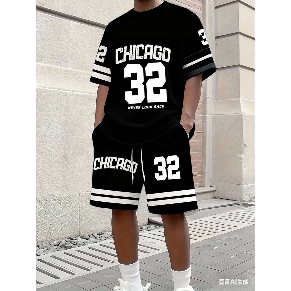 Summer Men's Casual Chicago NO.32 Print Sleeve T-Shirt & Round Neck Short Sleeved Women's T-shirt Shorts Set 26Y0626 - view 4