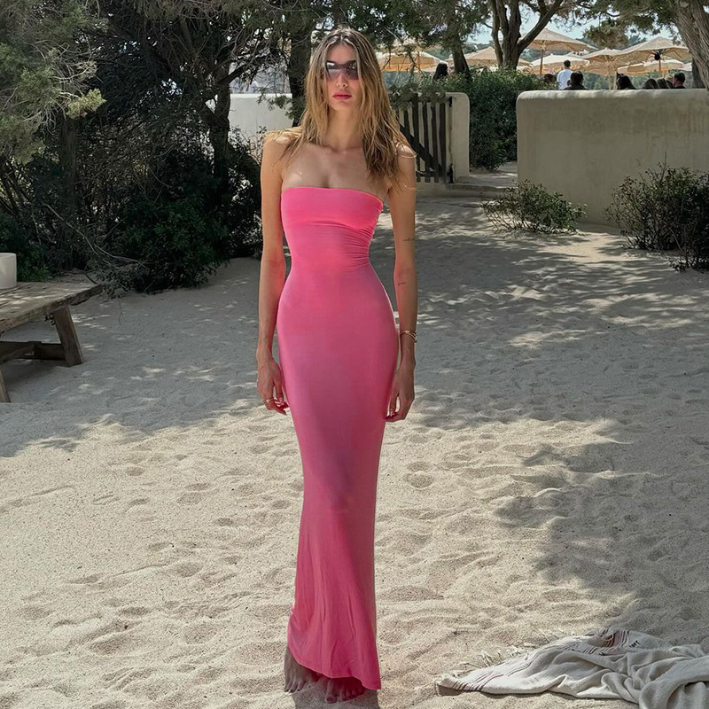 Womens Summer New Off-Shoulder Strapless Backless Tie Sexy Slim Waist Dress