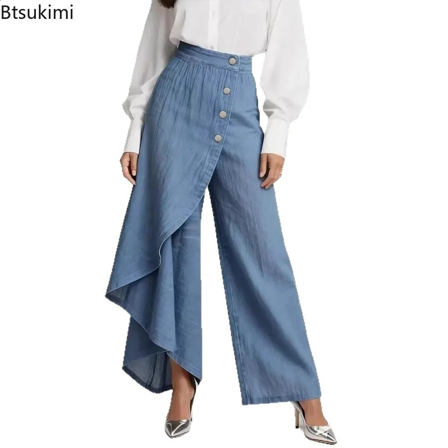 2026 Womens Casual Wide Leg Pants Spring Fashion Breasted n Ladies Slim Trousers Vintage Denim Women 260625 - view 7