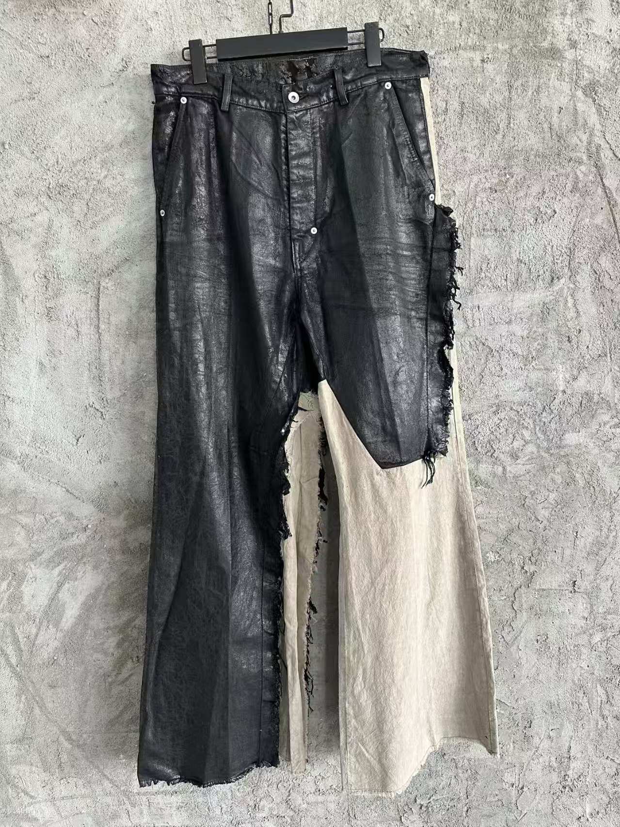 New R waxed surface color-block wide-leg pants pure cotton denim splicing casual pants O color-fast multiple washes personalized pants
