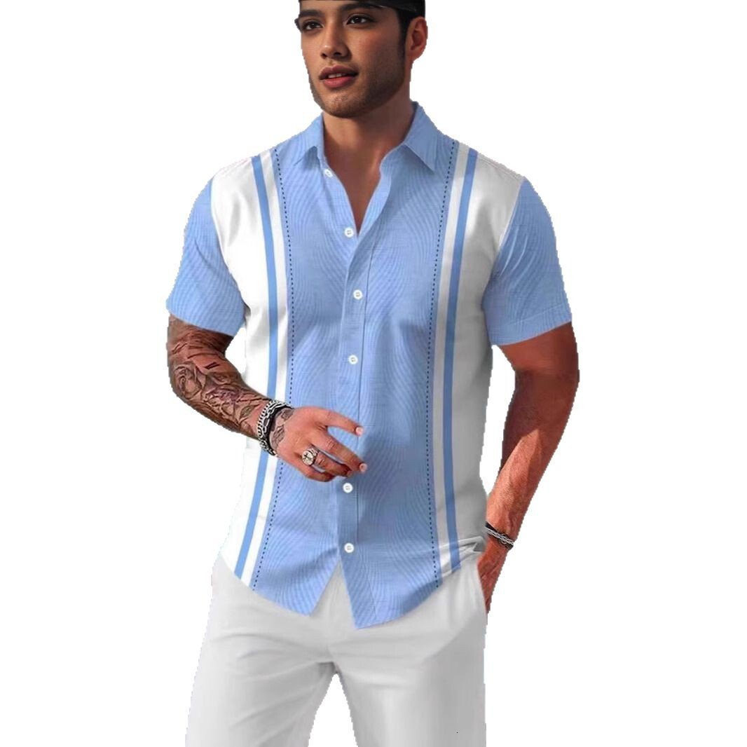 Mens Summer Thin Breathable Beach Striped Print Four-Way Stretch Short Sleeve Floral Shirt - view 6