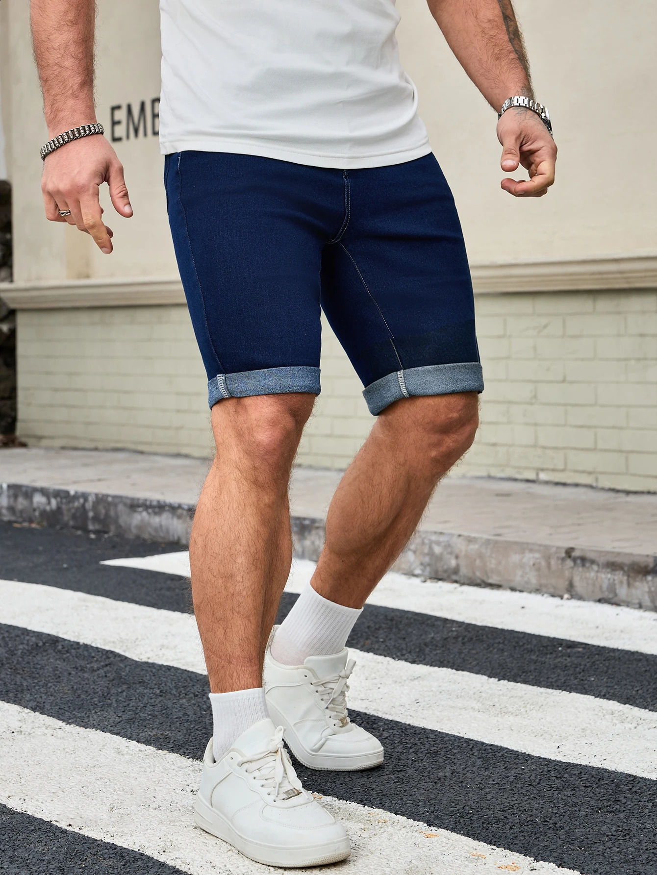 Mens Dark Blue Denim Shorts Straight Fit Rolled Hem Jean 260625 - view 6