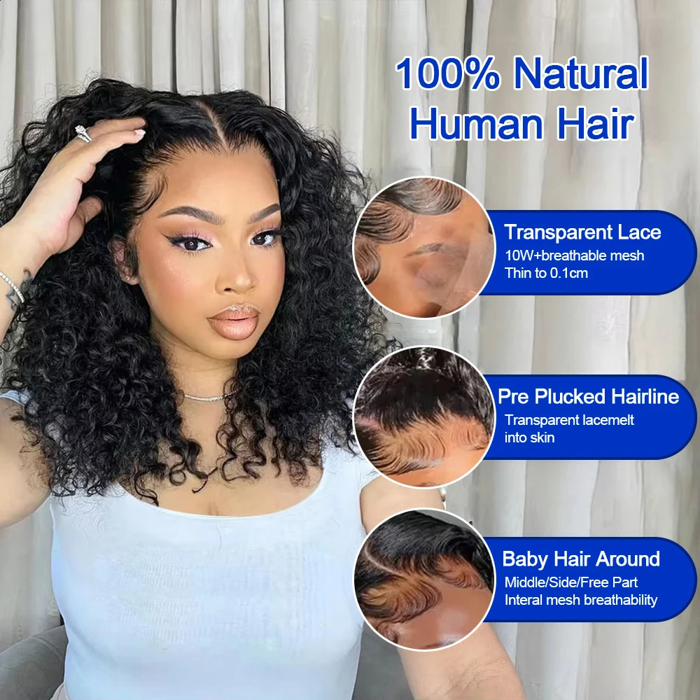 250 Deep Wave 13x6 HD Lace Frontal Wig Short Bob Wigs Glueless Human Hair Water Wave Curly Transparent Lace Front Wig For Women 260625 - view 3