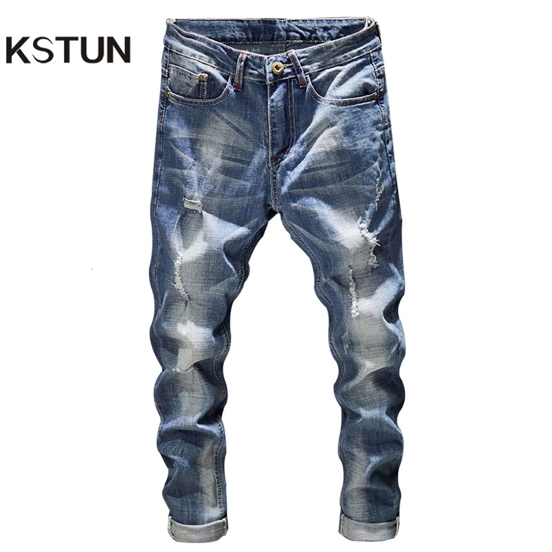 Ripped Jeans Men Slim Fit Light Blue Stretch Fashion Streetwear Frayed Hip Hop Distressed Casual Denim Jeans Pants Male Trousers 260618CJ