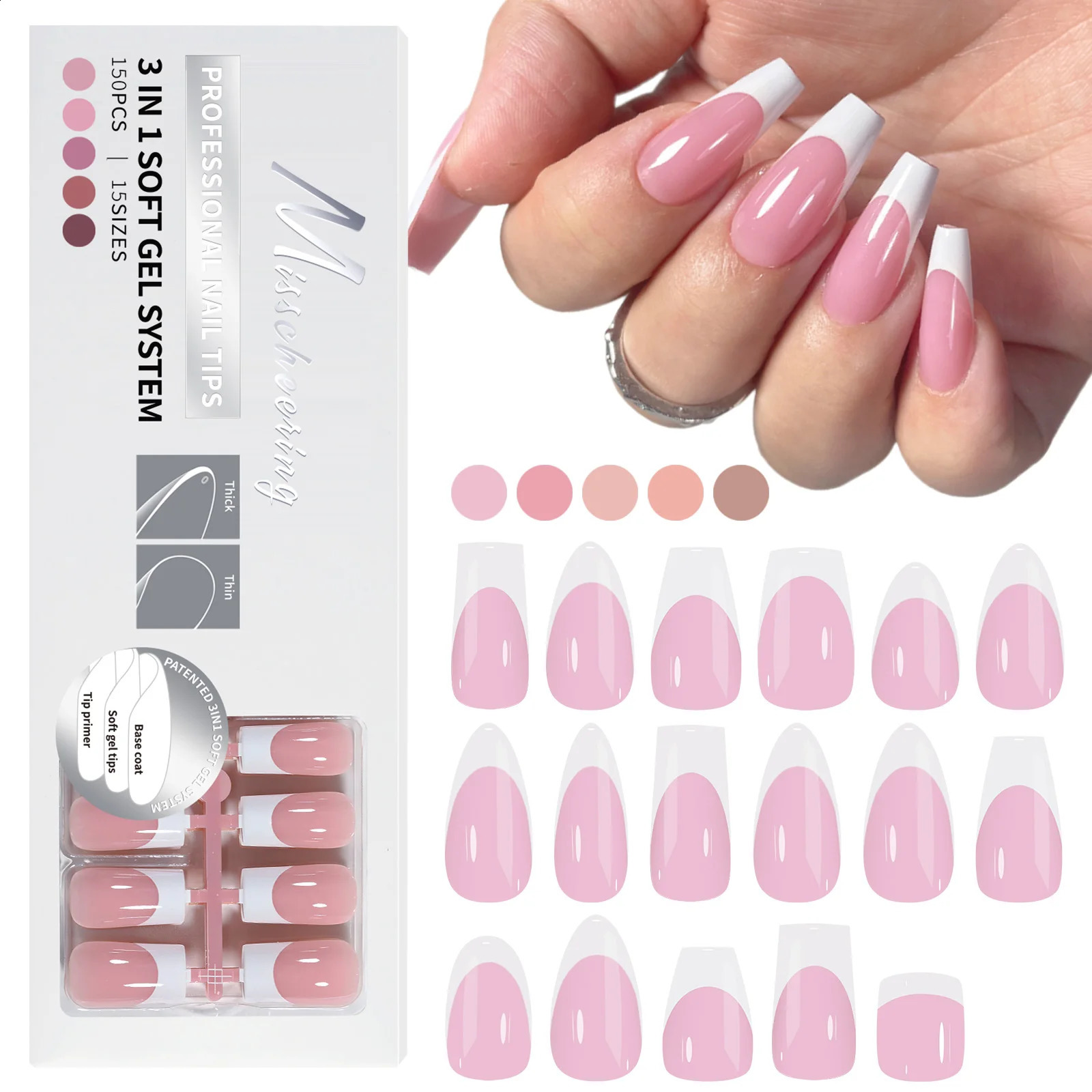150PCS Coffin Almond Soft Gel Press on Nails 3 in 1 French Nail Tips Removeable 15 Sizes of Nail Art With n DIY False Nails 260626 - view 1