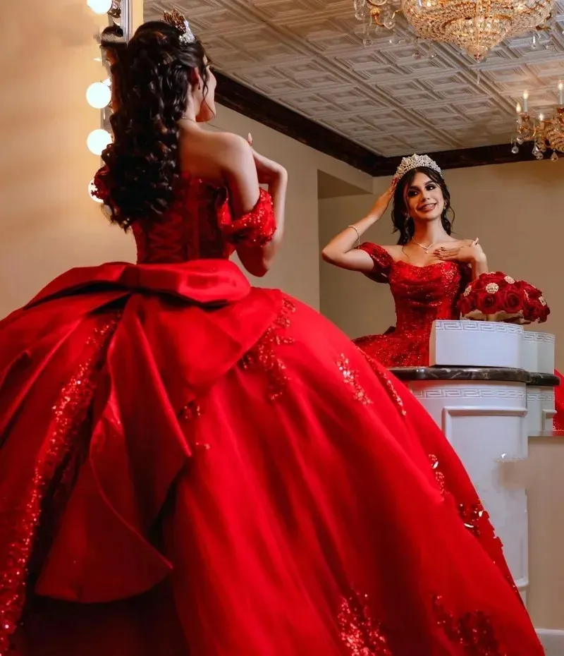 Bright red off-shoulder short-sleeve dress with glittering pearl decorations, big bow, and puffed tail Quinceanera dress - view 4