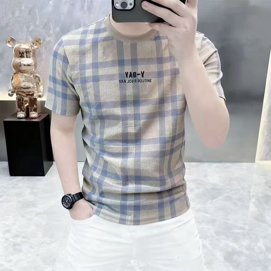 Round-Neck Letter-Print Plaid Short-Sleeve T-Shirt For Men, Trendy Stylish, Versatile Handsome, Moisture-Wicking And Sweat-Absorbing - view 3