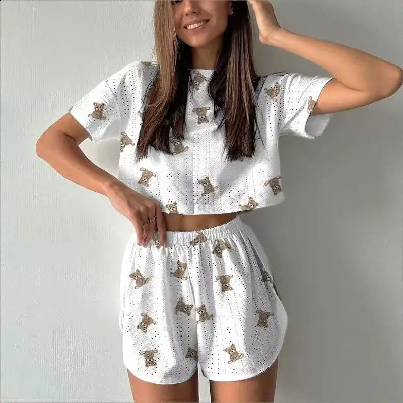 Summer Sleepwear Womens Twopieces Pajamas Set Breathable Printing Casual Short Sleeved Tops and Shorts Sets Loungewear 260625 - view 4
