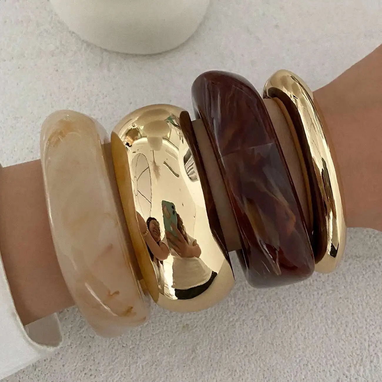 IngeSightZ 3 Styles Vintage Irregular Resin Bangle Bracelets Women Punk Geometric Wide Metal Bracelet Chunky Party Jewelry Gift260624 - view 4