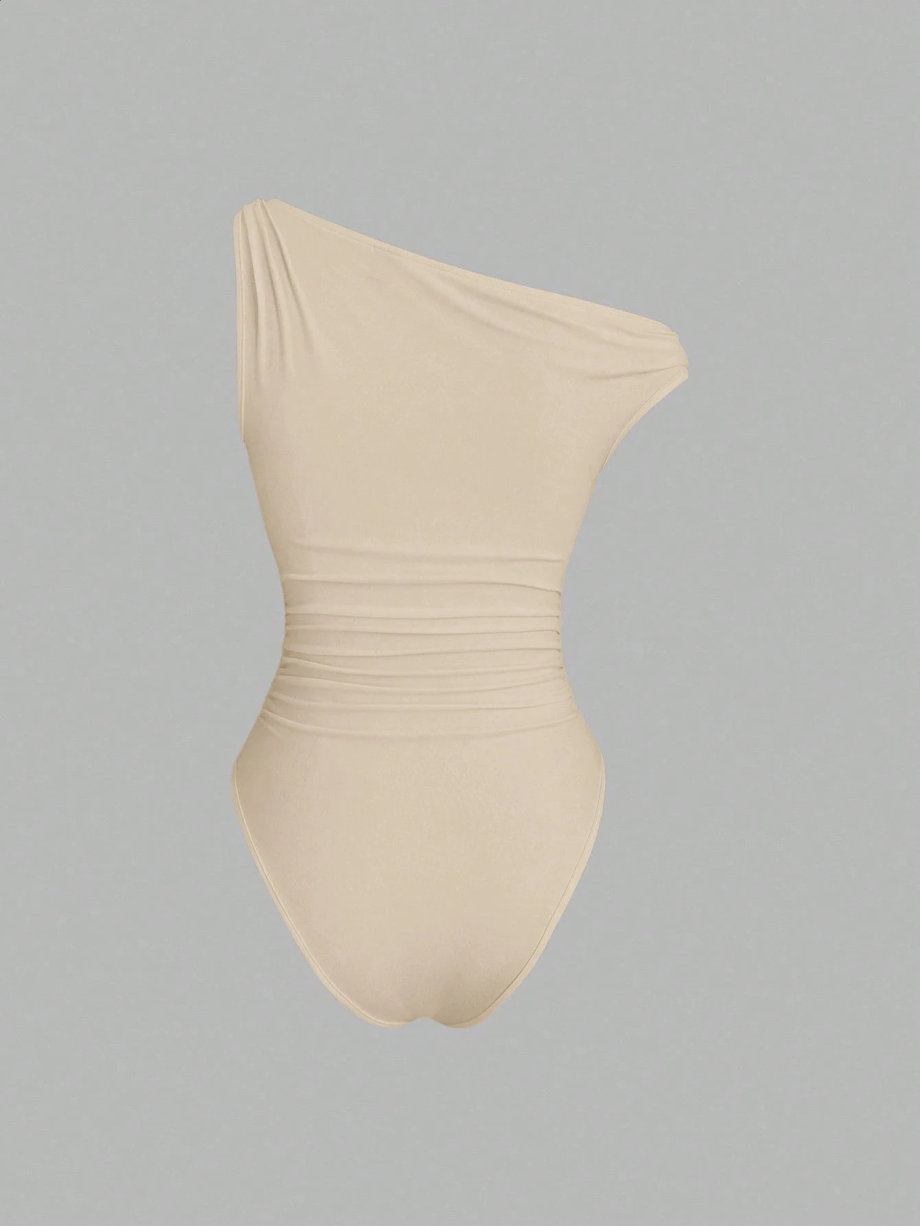 Women One Shoulder Ruched Bodysuit Gold Buckle Decor Sleeveless Form Fitting Jumpsuit 260618 - view 6