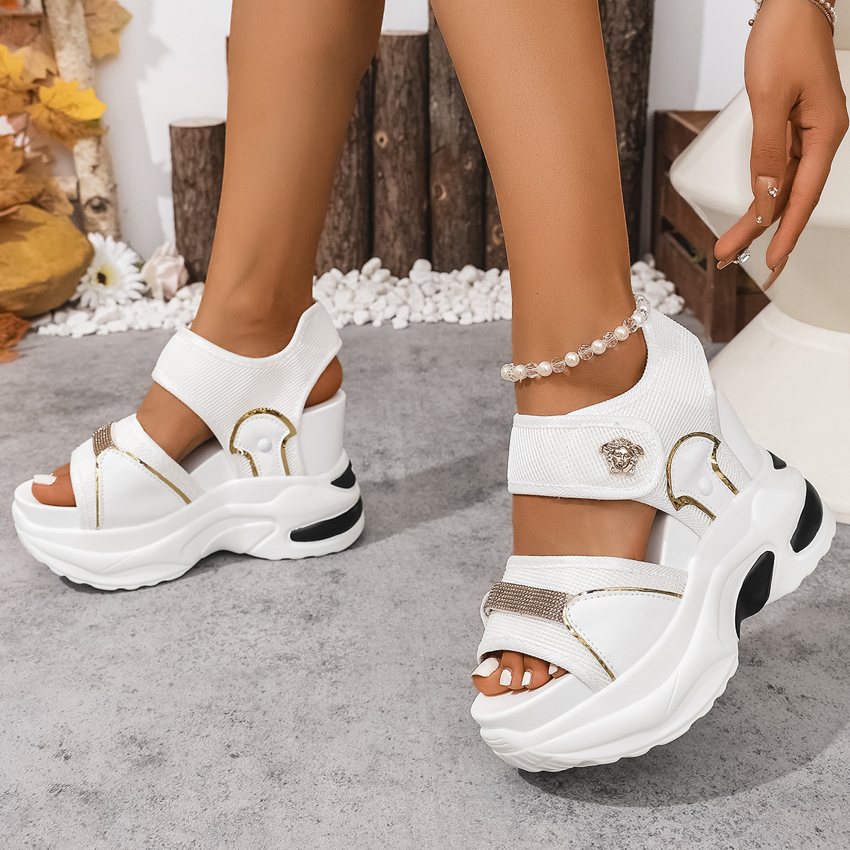 New Fashion Gold Metal Ornament Women Chunky Platform Sandals Bling Rhinestone Strap Sling Back Wedge Sandals Summer Outdoor Footwear - view 3